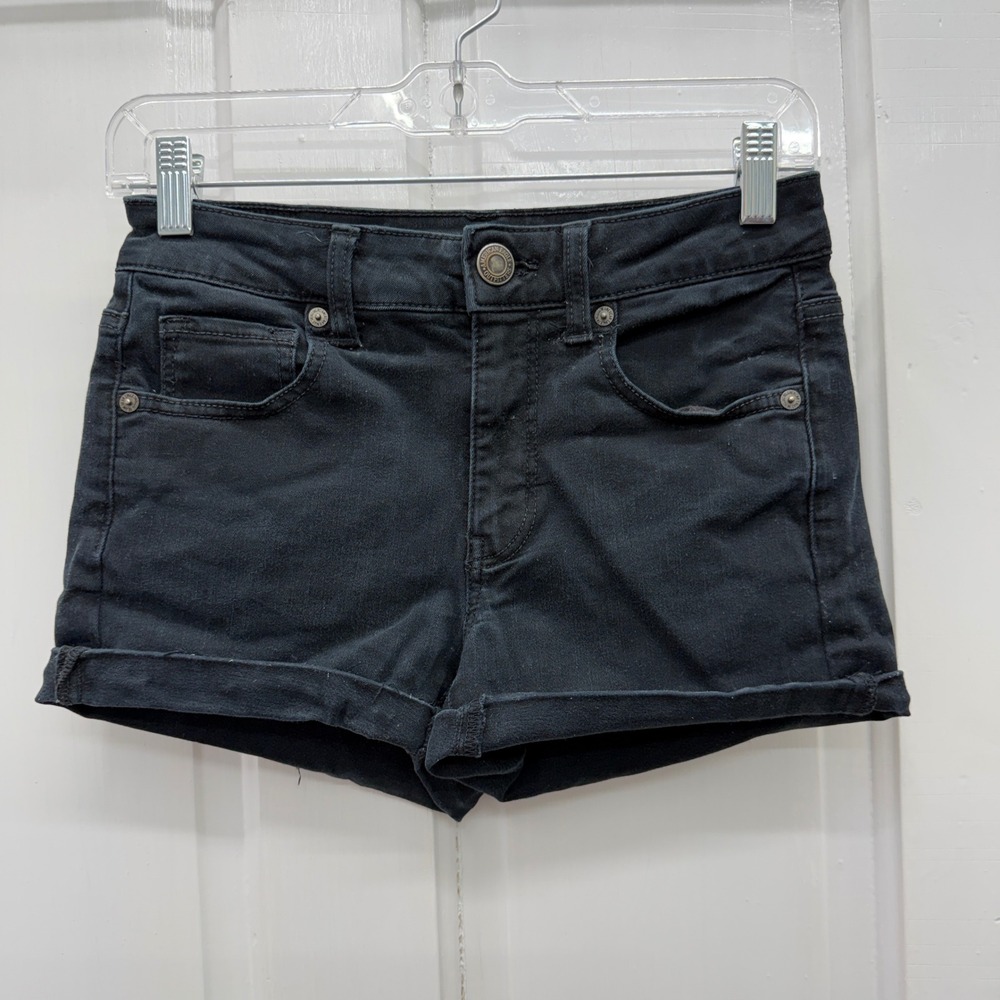 American Eagle Ne(x)t Level Stretch Hi Rise Shortie Black Jean Shorts Women's 4 - Picture 2 of 6